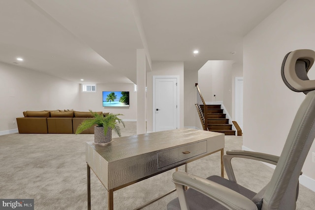 carpeted office featuring recessed lighting, visible vents, and baseboards