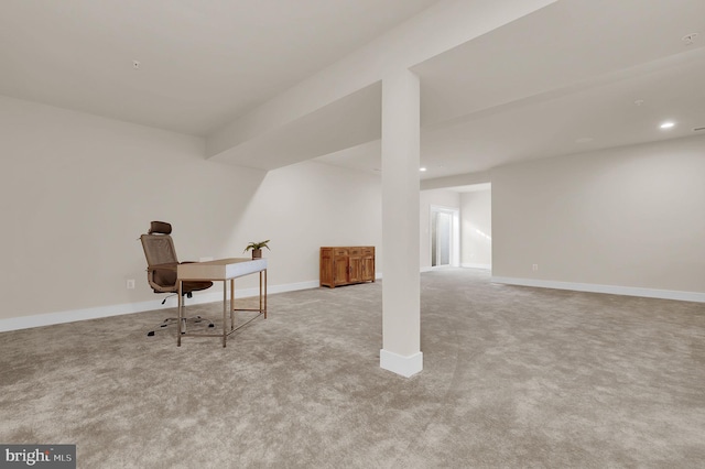 unfurnished office featuring carpet flooring, recessed lighting, and baseboards