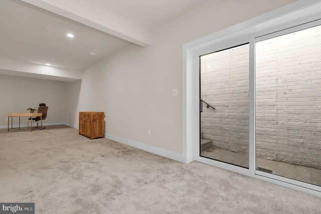 interior space with beamed ceiling, carpet flooring, recessed lighting, and baseboards