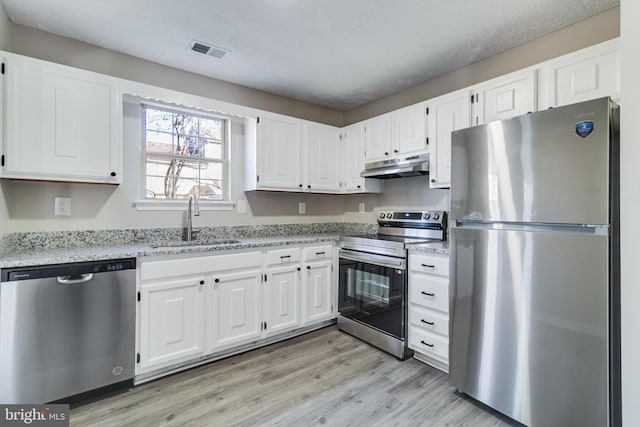 kitchen with visible vents, white cabinets, stainless steel appliances, under cabinet range hood, and a sink