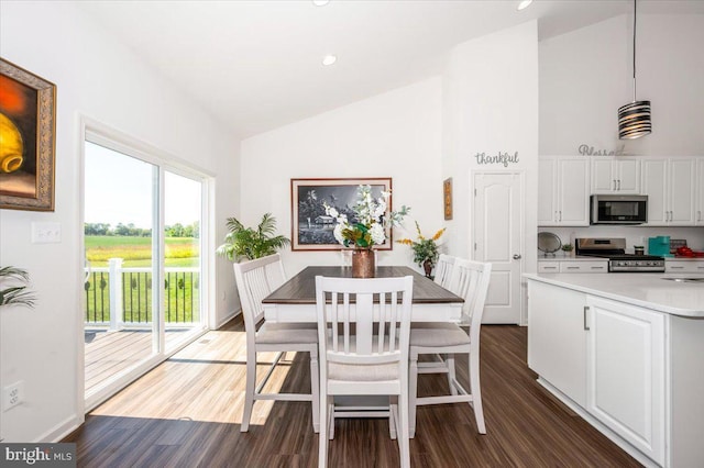 dining room with baseboards, high vaulted ceiling, and dark wood-style flooring