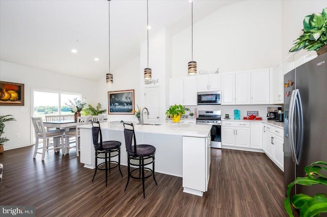 kitchen with light countertops, appliances with stainless steel finishes, dark wood-type flooring, and a sink