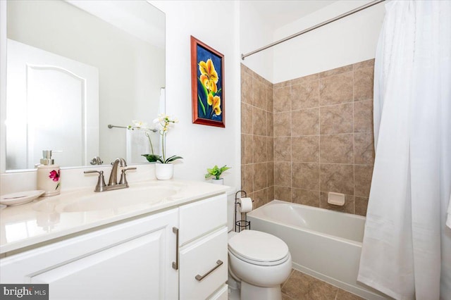 full bathroom with toilet, tile patterned flooring, vanity, and shower / tub combo with curtain