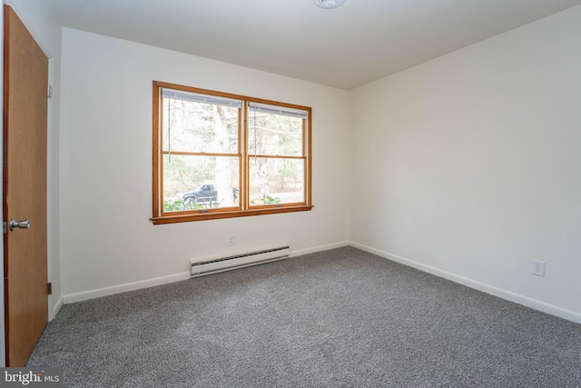 unfurnished room featuring baseboards, baseboard heating, and carpet flooring