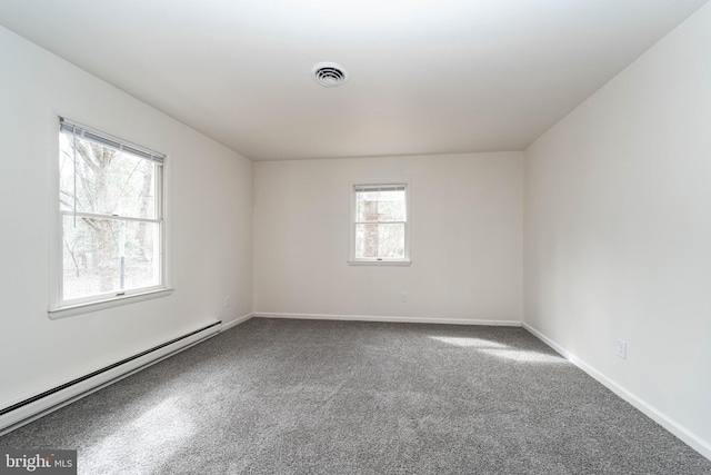 unfurnished room featuring carpet floors, baseboards, visible vents, and baseboard heating