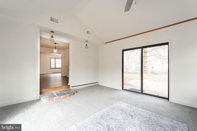 carpeted spare room featuring high vaulted ceiling, baseboard heating, visible vents, and a ceiling fan