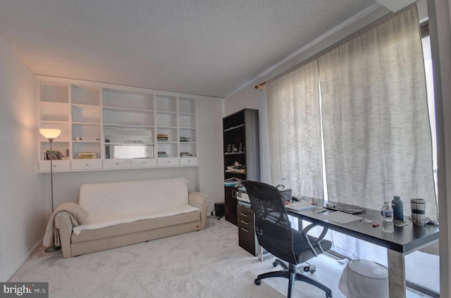 carpeted home office with a textured ceiling