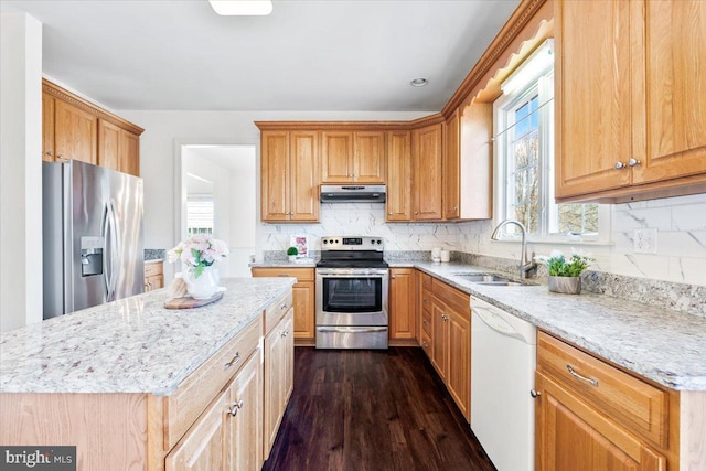 kitchen with a sink, decorative backsplash, dark wood-type flooring, under cabinet range hood, and appliances with stainless steel finishes