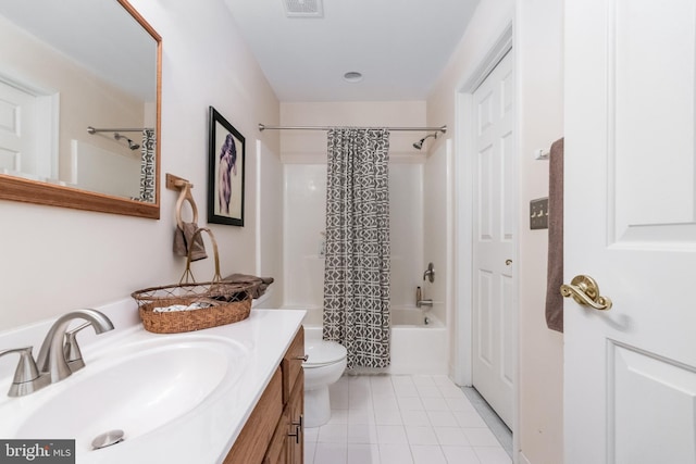 full bath with tile patterned flooring, visible vents, toilet, shower / bath combo with shower curtain, and vanity