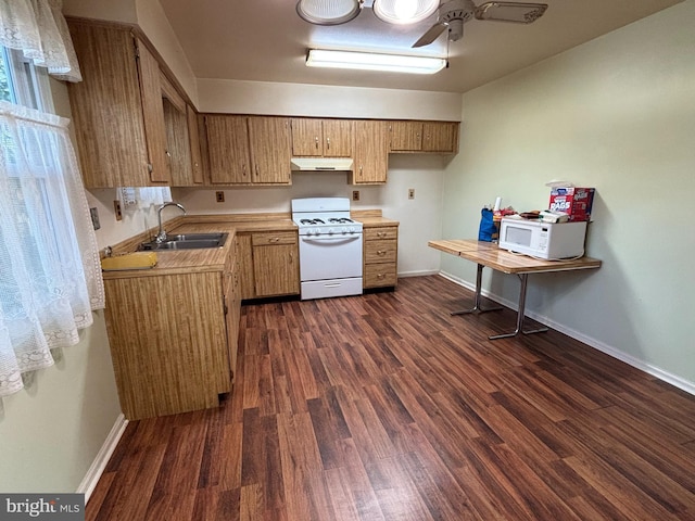 kitchen with white appliances, dark wood-style floors, light countertops, under cabinet range hood, and a sink