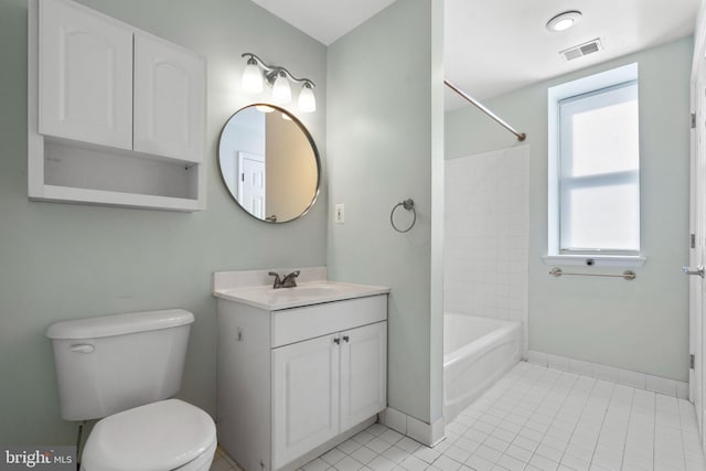 full bath with baseboards, visible vents, toilet, tile patterned flooring, and vanity