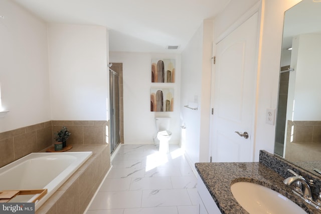 bathroom with marble finish floor, visible vents, toilet, a stall shower, and a bath