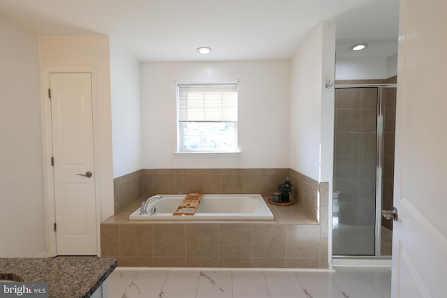 full bath with recessed lighting, a shower stall, a bath, and vanity