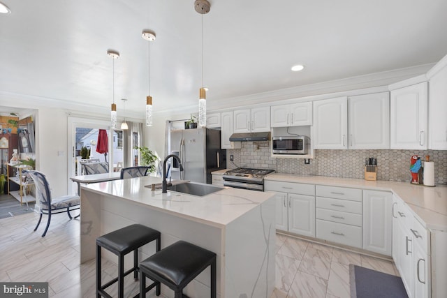 kitchen with appliances with stainless steel finishes, a sink, under cabinet range hood, and tasteful backsplash