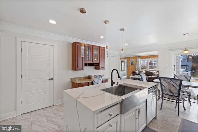 kitchen with glass insert cabinets, baseboards, ornamental molding, and stainless steel dishwasher