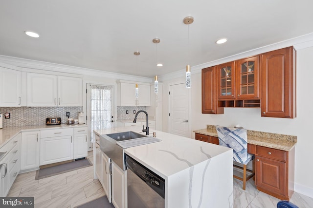 kitchen with marble finish floor, a center island with sink, stainless steel dishwasher, white cabinetry, and a sink