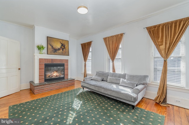 living room featuring crown molding, a fireplace, and wood finished floors