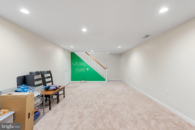 office area with recessed lighting, carpet, and visible vents