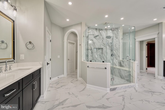 full bathroom featuring marble finish floor, baseboards, and recessed lighting
