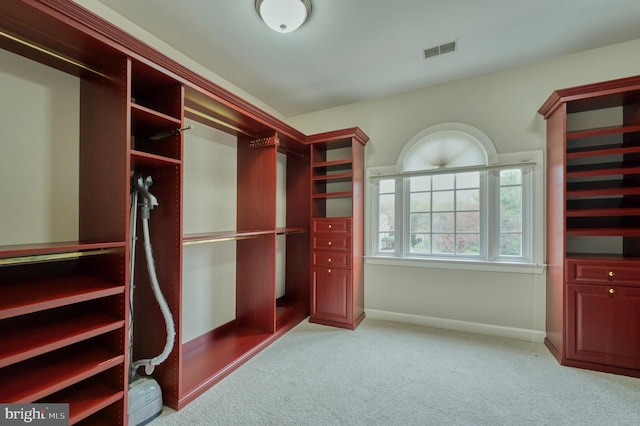 spacious closet featuring visible vents and light colored carpet
