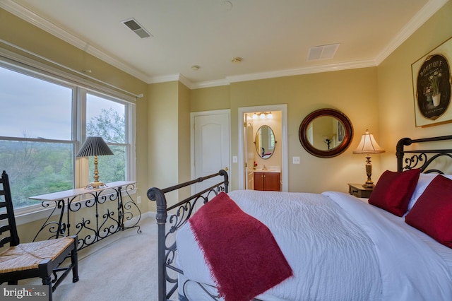 carpeted bedroom with multiple windows, ornamental molding, and visible vents
