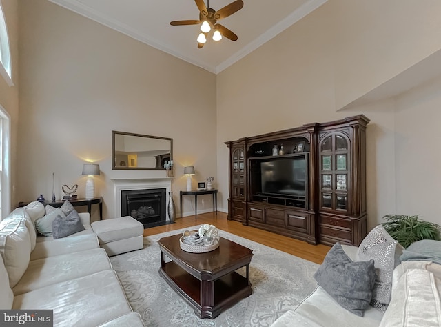 living room featuring light wood-style flooring, a high ceiling, ornamental molding, and a fireplace with flush hearth