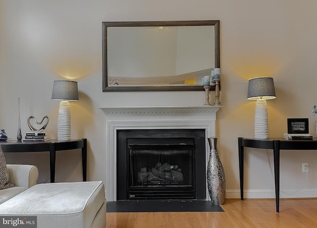 interior space with a fireplace with flush hearth, baseboards, and wood finished floors