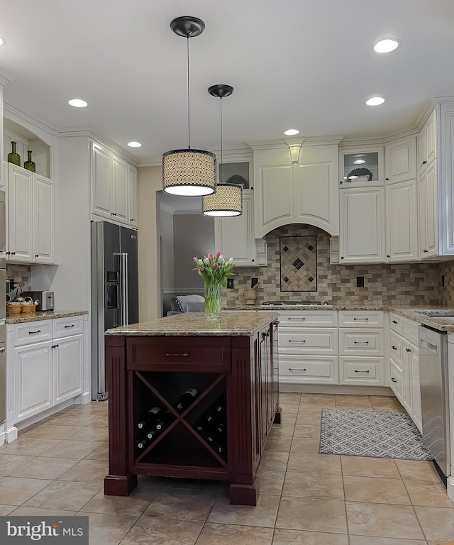 kitchen with open shelves, appliances with stainless steel finishes, and tasteful backsplash