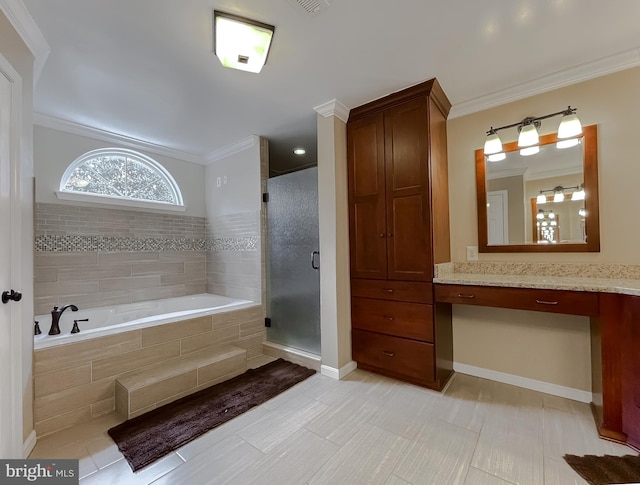 bathroom with visible vents, crown molding, vanity, a shower stall, and a bath