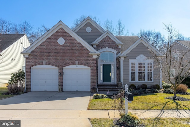 view of front of home with a garage, a front yard, concrete driveway, and brick siding