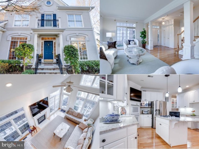 kitchen featuring glass insert cabinets, light stone countertops, crown molding, stainless steel refrigerator with ice dispenser, and a sink