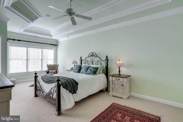 bedroom with carpet floors, crown molding, a raised ceiling, ceiling fan, and baseboards