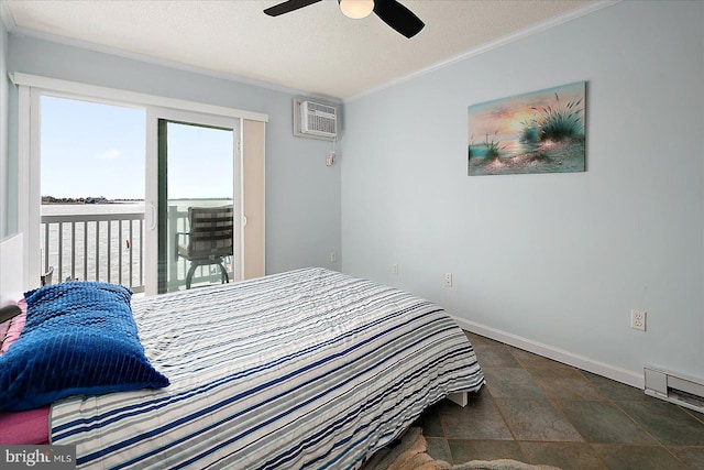 bedroom with baseboards, ceiling fan, a wall mounted air conditioner, crown molding, and a baseboard heating unit