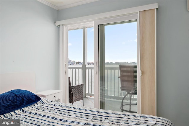 bedroom featuring access to exterior and ornamental molding