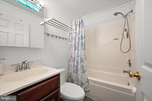 full bathroom featuring vanity, shower / bath combination with curtain, and toilet