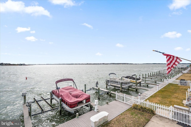 dock area featuring a water view, boat lift, and fence