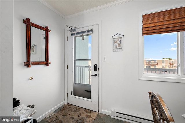 doorway featuring a baseboard radiator, crown molding, and baseboards