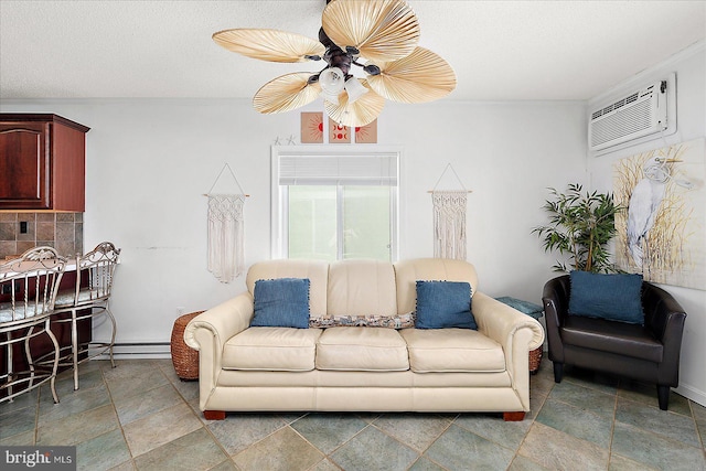 living room with a textured ceiling, a baseboard heating unit, a ceiling fan, a wall mounted AC, and stone finish floor