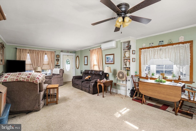 living room featuring carpet floors, an AC wall unit, ornamental molding, and a ceiling fan