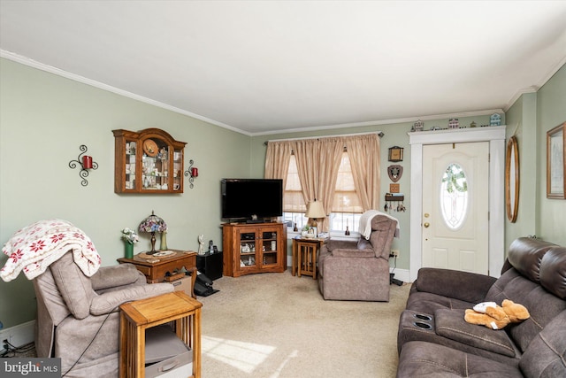 living area featuring carpet, baseboards, and crown molding