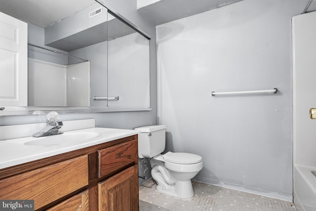 full bath featuring a shower, visible vents, toilet, vanity, and a tub