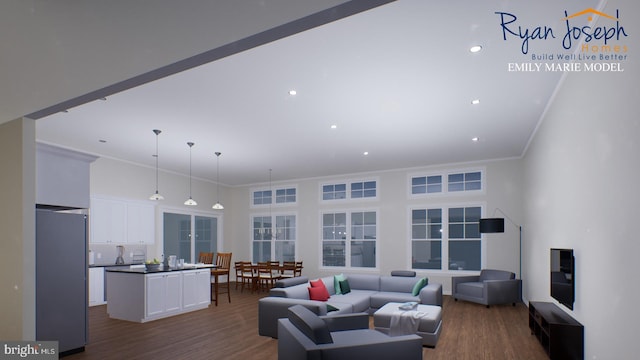 living room with dark wood-style flooring, crown molding, and a high ceiling