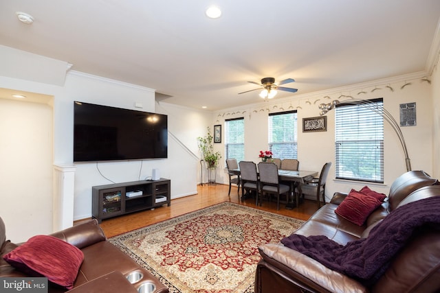 living room featuring ceiling fan, ornamental molding, wood finished floors, and recessed lighting