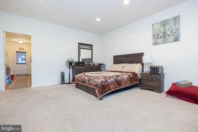 bedroom featuring recessed lighting, carpet flooring, and baseboards