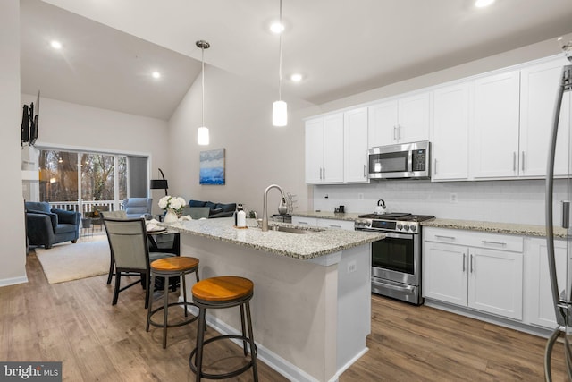 kitchen featuring stainless steel appliances, open floor plan, a sink, and wood finished floors