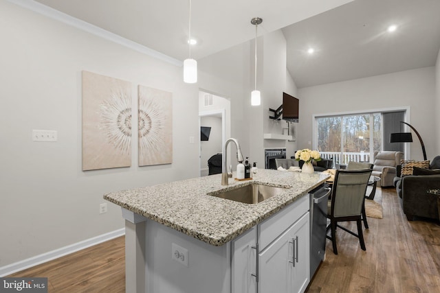 kitchen featuring stainless steel dishwasher, open floor plan, a sink, wood finished floors, and baseboards