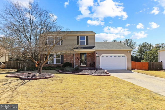 traditional home featuring fence, concrete driveway, a front yard, an attached garage, and brick siding