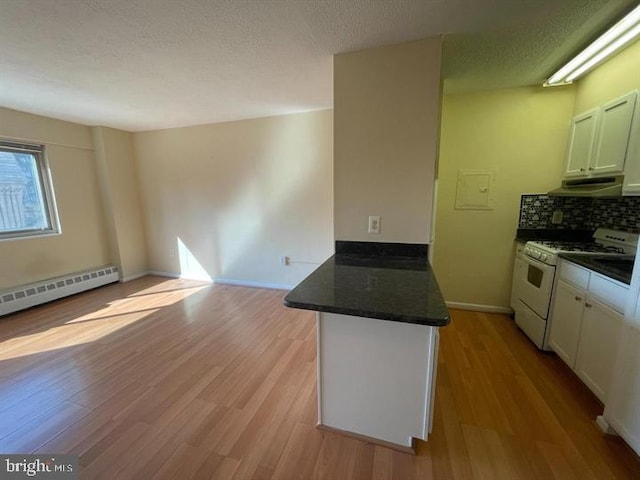 kitchen featuring under cabinet range hood, white range with gas stovetop, a peninsula, and wood finished floors