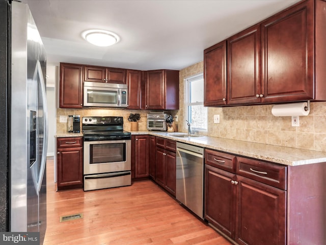 kitchen featuring stainless steel appliances, visible vents, decorative backsplash, light wood-style floors, and a sink