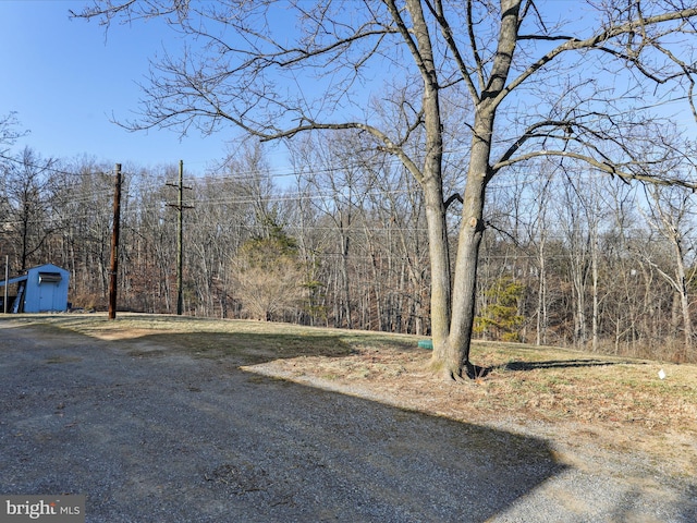 view of yard featuring a storage unit, a wooded view, and an outbuilding